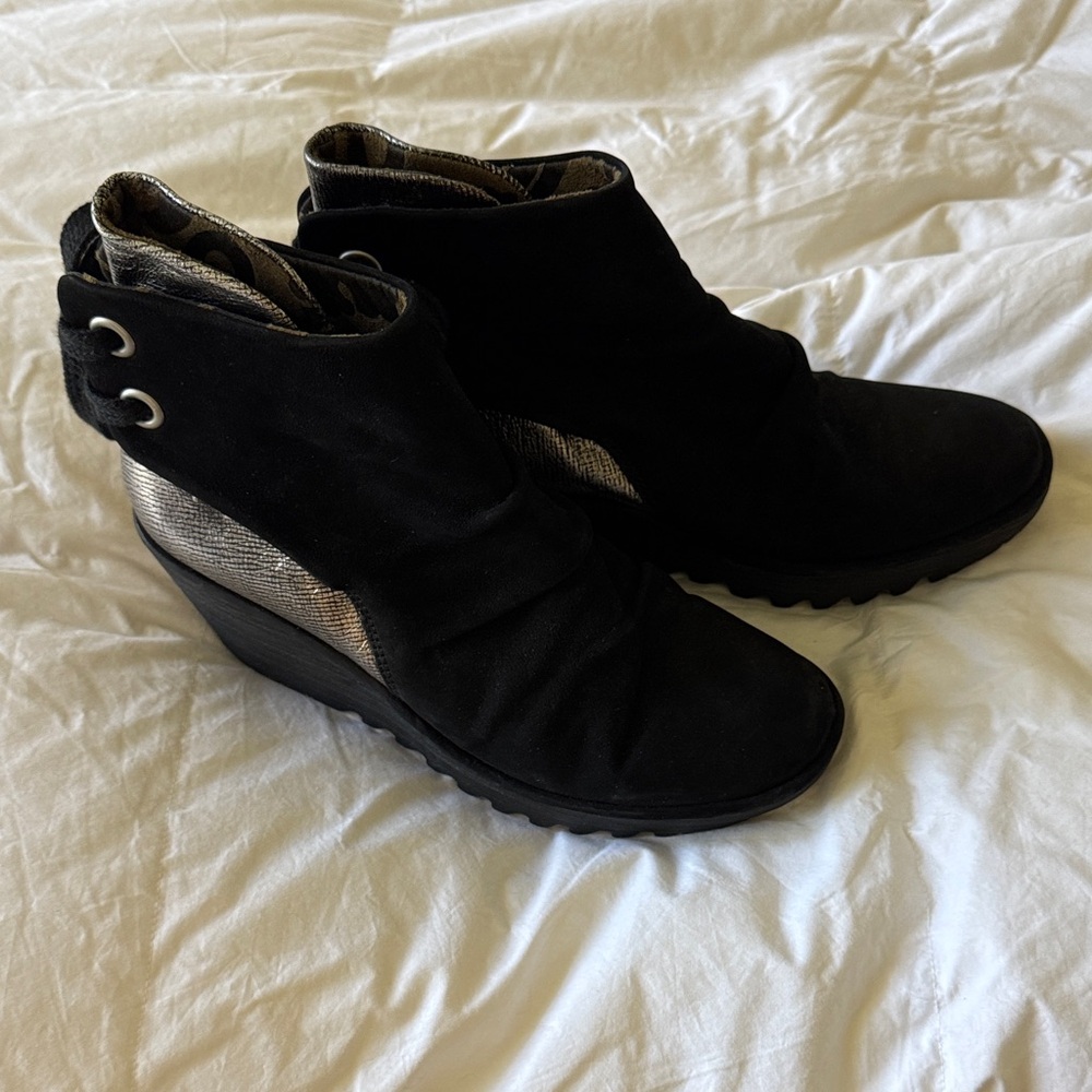Fly London Black and Silver Ankle Boots